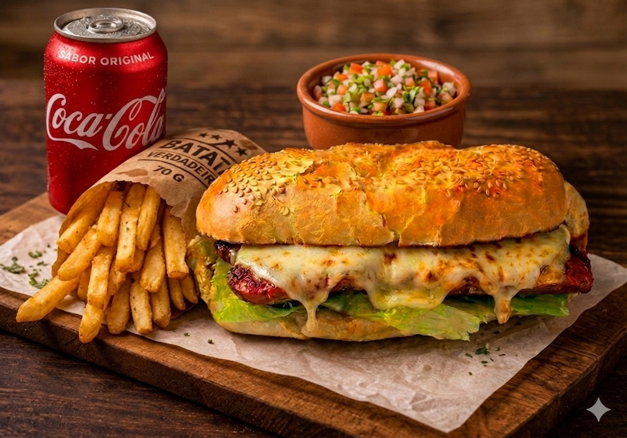 1 Criolla de Pernil com Queijo + 1 Batata 70g +1 Refrigerante 350 ml